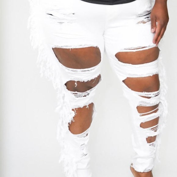 Plus Size Denim Distreesd Pants w/ Fringes - Picture 4 of 6